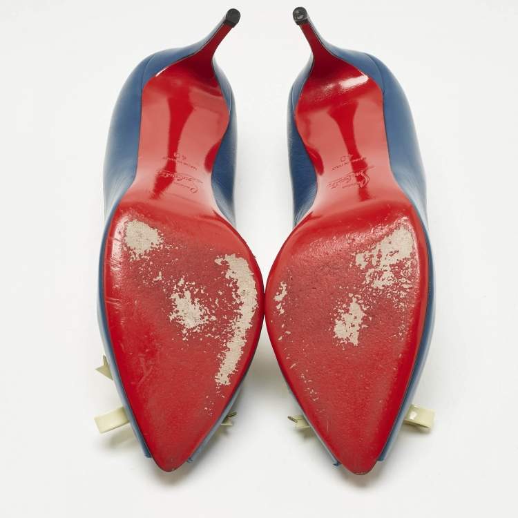 Pre Owned Christian Louboutin Navy Blue/Cream Leather Tibunodo Bow Peep Toe Pumps Size 40