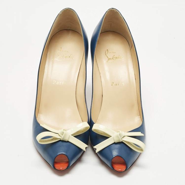 Pre Owned Christian Louboutin Navy Blue/Cream Leather Tibunodo Bow Peep Toe Pumps Size 40