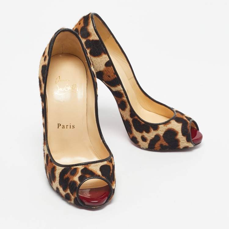 Pre Owned Christian Louboutin Brown Calf Hair Leopard Print Flo Peep Toe Pumps Size 35