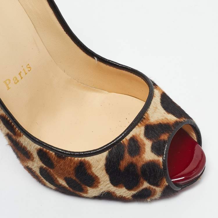 Pre Owned Christian Louboutin Brown Calf Hair Leopard Print Flo Peep Toe Pumps Size 35