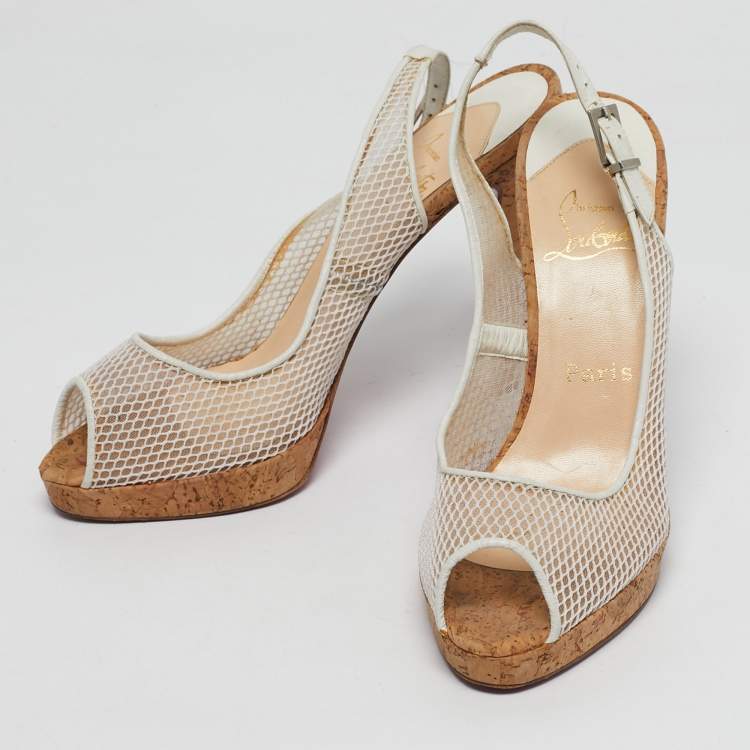 Pre Owned Christian Louboutin White Leather and Mesh Ankle Strap Sandals Size 39.5