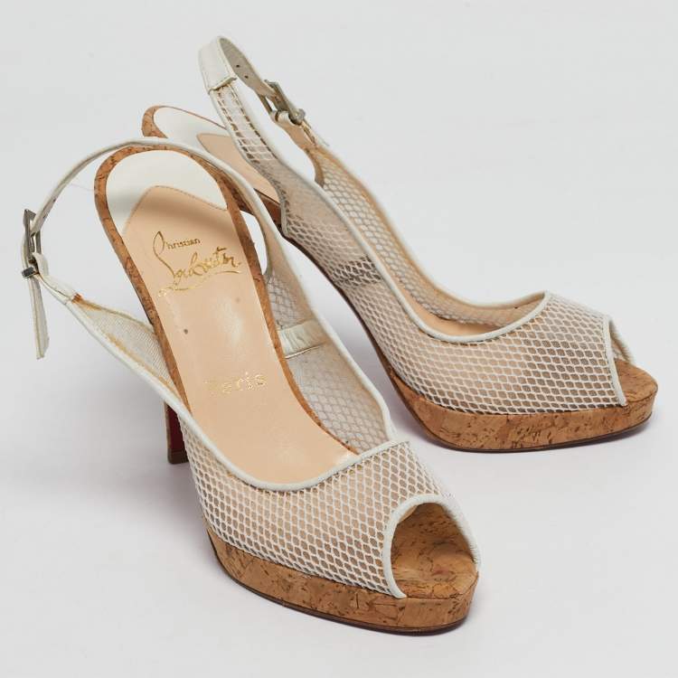 Pre Owned Christian Louboutin White Leather and Mesh Ankle Strap Sandals Size 39.5