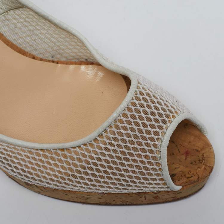 Pre Owned Christian Louboutin White Leather and Mesh Ankle Strap Sandals Size 39.5