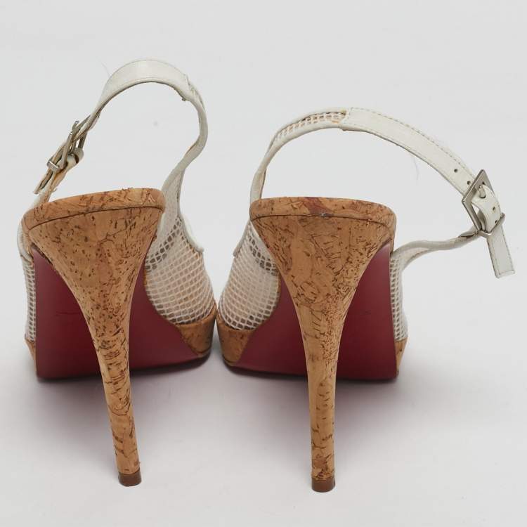 Pre Owned Christian Louboutin White Leather and Mesh Ankle Strap Sandals Size 39.5