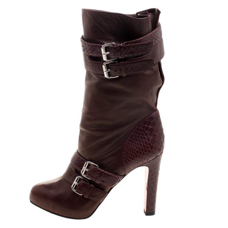 Pre Owned Christian Louboutin Dark Burgundy Python and Leather Loubi Bike Boots Size 39