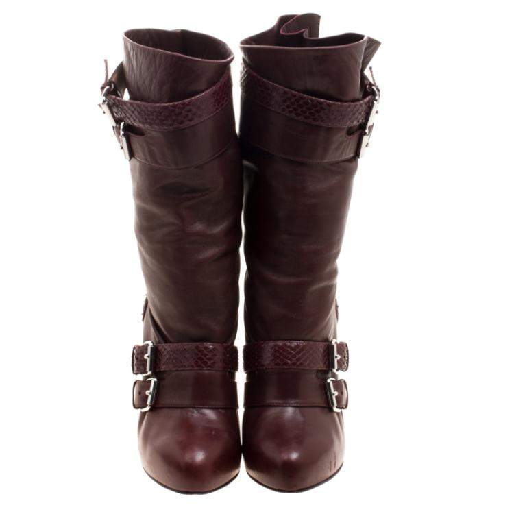 Pre Owned Christian Louboutin Dark Burgundy Python and Leather Loubi Bike Boots Size 39