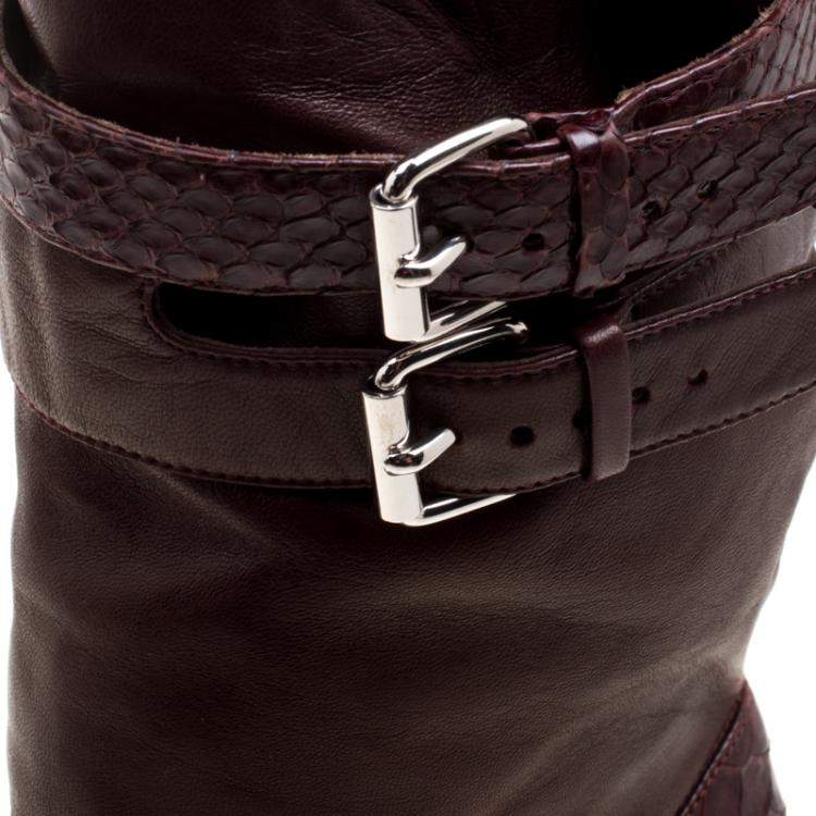 Pre Owned Christian Louboutin Dark Burgundy Python and Leather Loubi Bike Boots Size 39