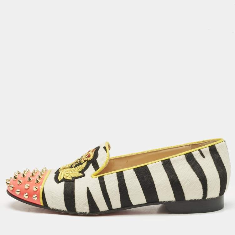 Pre Owned Christian Louboutin Multicolor Calf Hair Spike Embellished Smoking Slippers Size 39.5