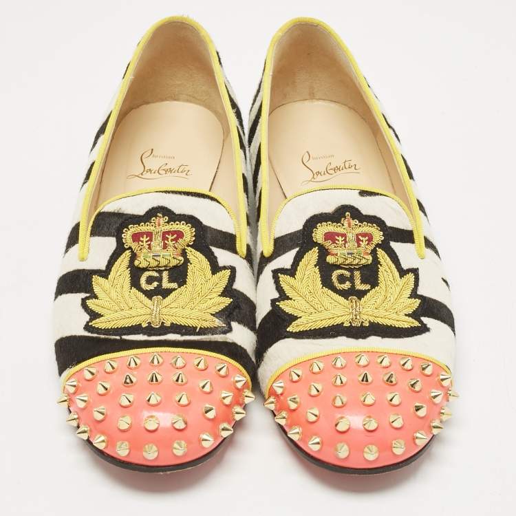 Pre Owned Christian Louboutin Multicolor Calf Hair Spike Embellished Smoking Slippers Size 39.5