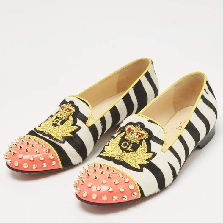 Pre Owned Christian Louboutin Multicolor Calf Hair Spike Embellished Smoking Slippers Size 39.5