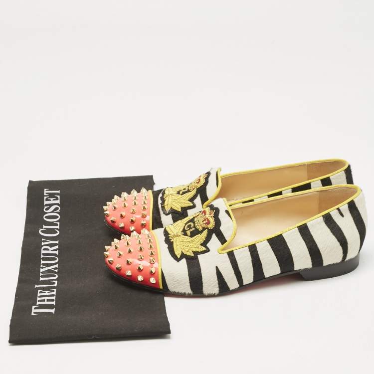 Pre Owned Christian Louboutin Multicolor Calf Hair Spike Embellished Smoking Slippers Size 39.5
