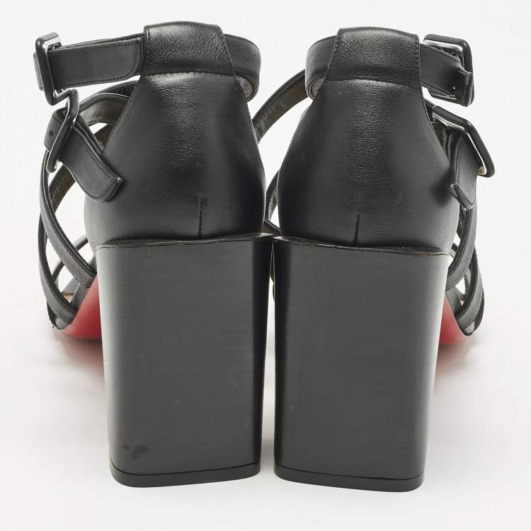 Pre Owned Christian Louboutin Black Leather Zefira Ankle Strap Block Heel Sandals Size 39