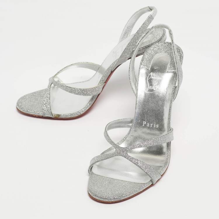 Pre Owned Christian Louboutin Silver Glitter Emilie Slingback Sandals Size 38