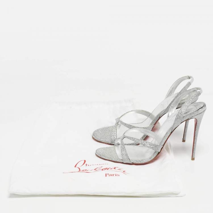 Pre Owned Christian Louboutin Silver Glitter Emilie Slingback Sandals Size 38