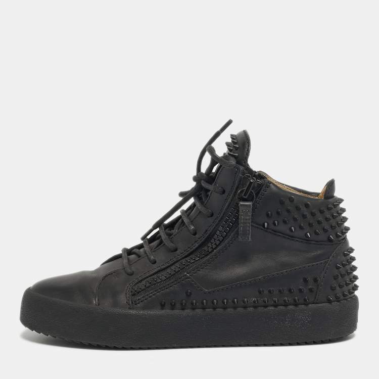 Pre Owned Christian Louboutin Black Leather Louis Spikes High Top Sneakers Size 38
