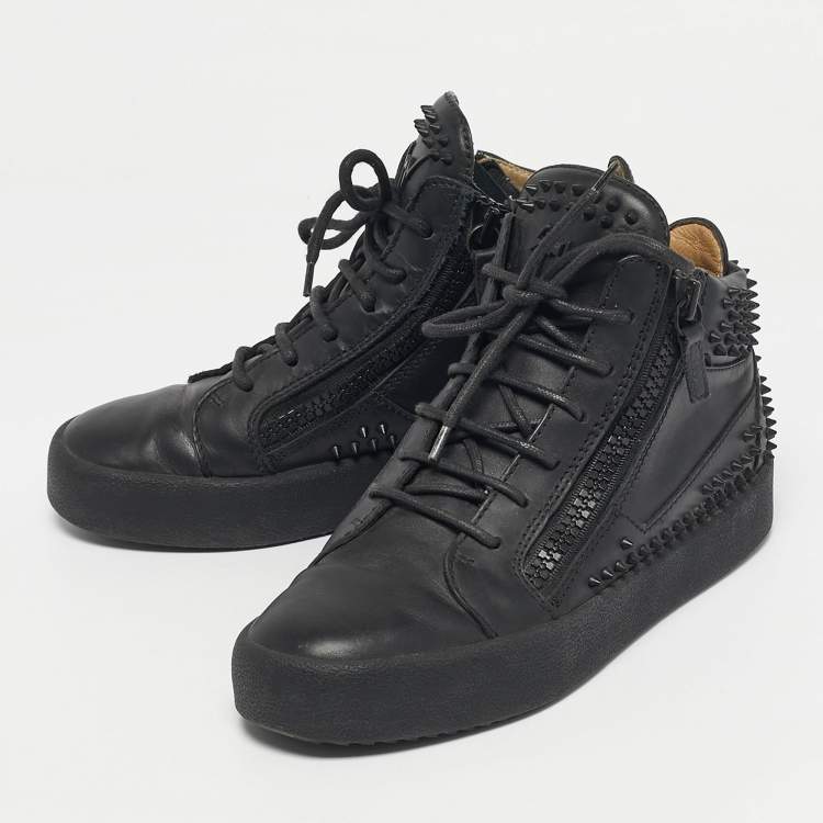 Pre Owned Christian Louboutin Black Leather Louis Spikes High Top Sneakers Size 38