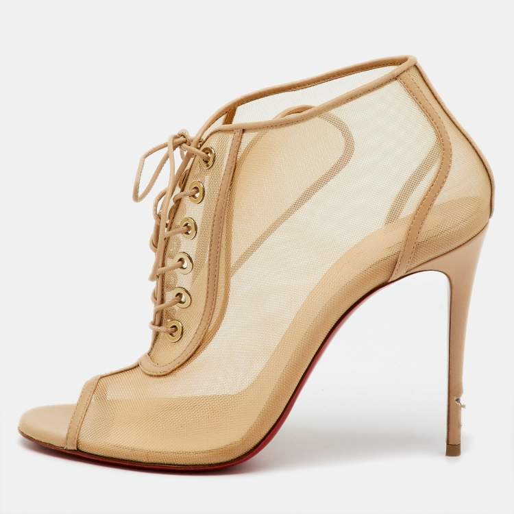 Pre Owned Christian Louboutin Beige Leather and Mesh Open Ondessa Lace Up Booties Size 37.5