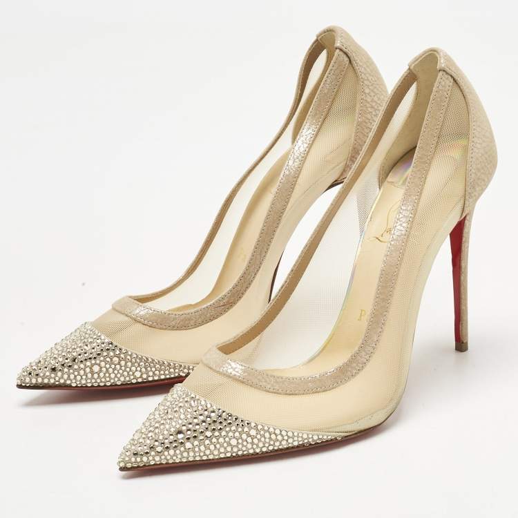 Pre Owned Christian Louboutin Beige Mesh and Suede Embellished Galativi Strass Pumps Size 38