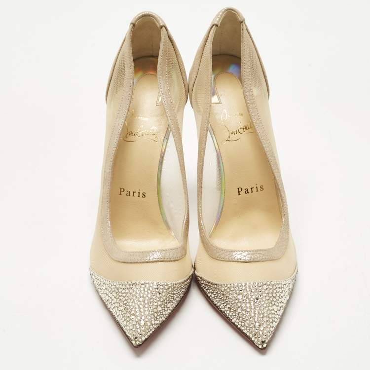Pre Owned Christian Louboutin Beige Mesh and Suede Embellished Galativi Strass Pumps Size 38
