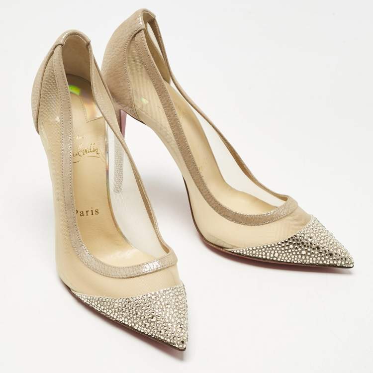Pre Owned Christian Louboutin Beige Mesh and Suede Embellished Galativi Strass Pumps Size 38