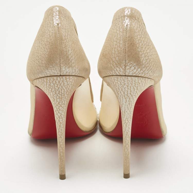 Pre Owned Christian Louboutin Beige Mesh and Suede Embellished Galativi Strass Pumps Size 38