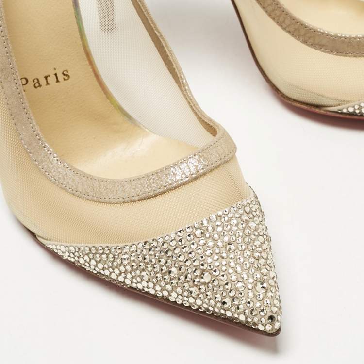 Pre Owned Christian Louboutin Beige Mesh and Suede Embellished Galativi Strass Pumps Size 38