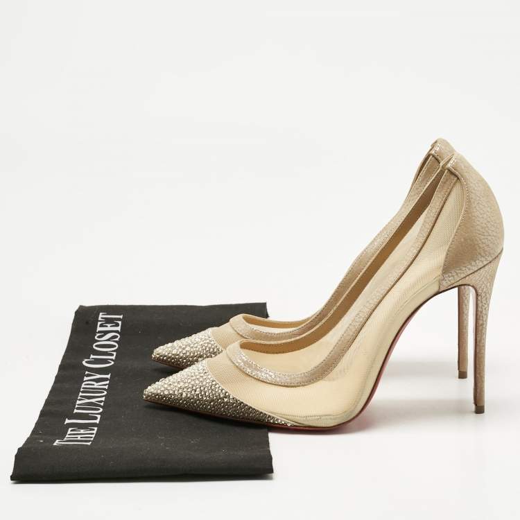Pre Owned Christian Louboutin Beige Mesh and Suede Embellished Galativi Strass Pumps Size 38