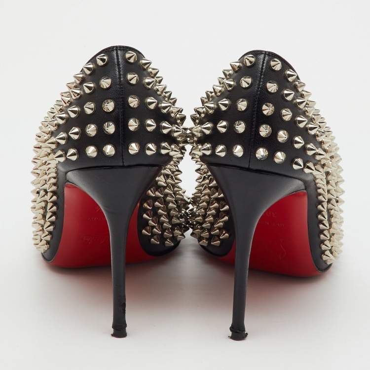 Pre Owned Christian Louboutin Black Leather Fifi Spike Round Toe Pumps Size 39.5