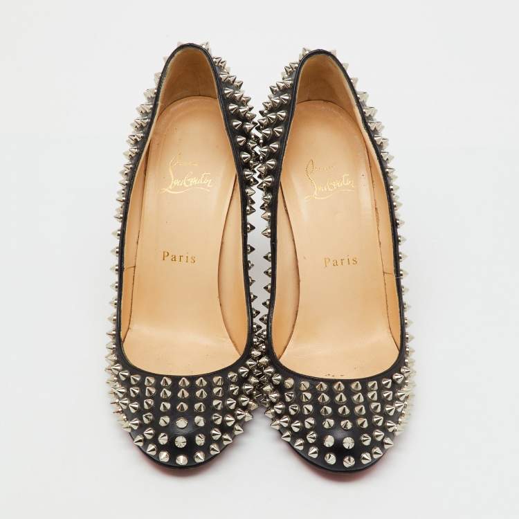 Pre Owned Christian Louboutin Black Leather Fifi Spike Round Toe Pumps Size 39.5