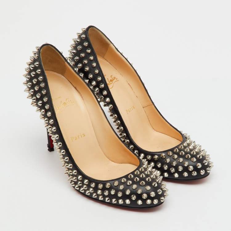 Pre Owned Christian Louboutin Black Leather Fifi Spike Round Toe Pumps Size 39.5