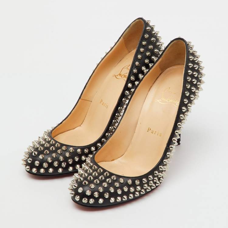 Pre Owned Christian Louboutin Black Leather Fifi Spike Round Toe Pumps Size 39.5