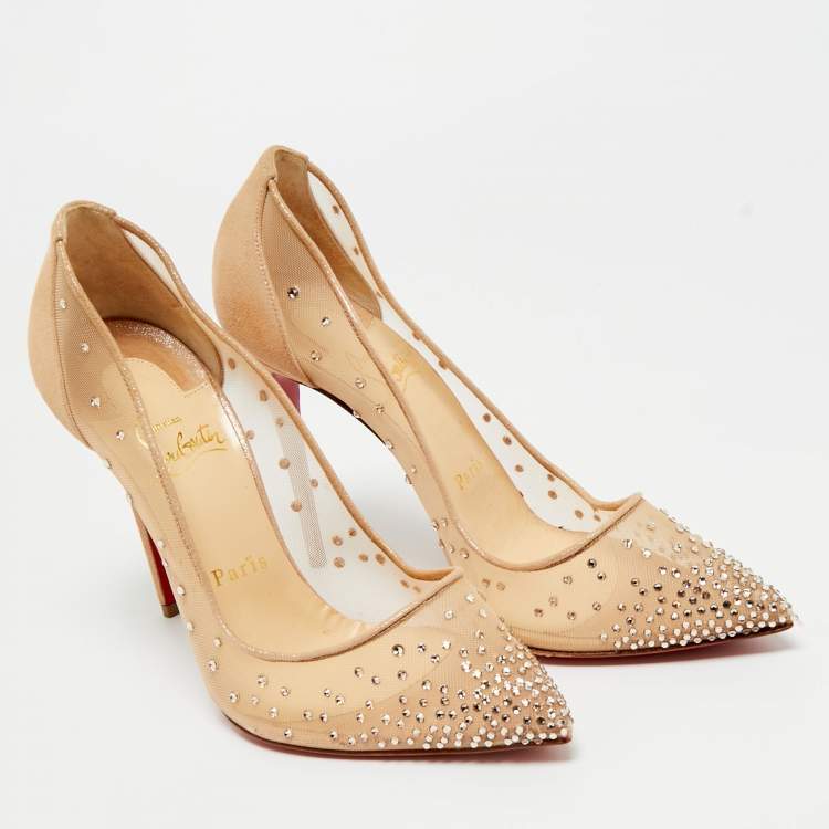 Pre Owned Christian Louboutin Beige Suede And Mesh Follies Strass Pumps Size 38