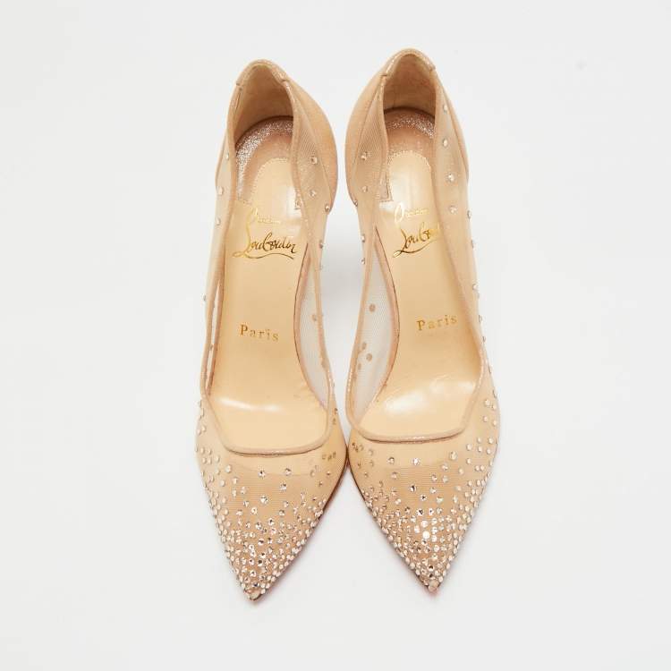 Pre Owned Christian Louboutin Beige Suede And Mesh Follies Strass Pumps Size 38
