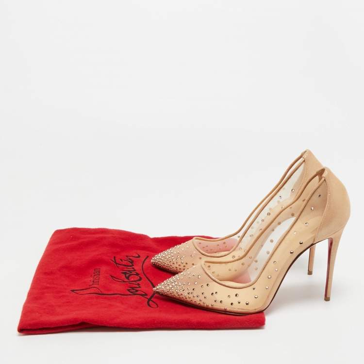 Pre Owned Christian Louboutin Beige Suede And Mesh Follies Strass Pumps Size 38