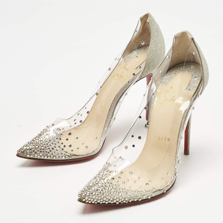Pre Owned Christian Louboutin Silver PVC Degrastrass Pumps Size 38