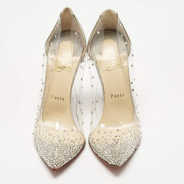 Pre Owned Christian Louboutin Silver PVC Degrastrass Pumps Size 38