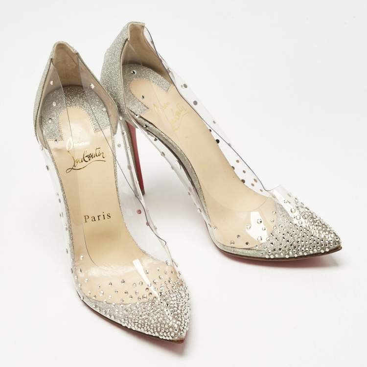 Pre Owned Christian Louboutin Silver PVC Degrastrass Pumps Size 38