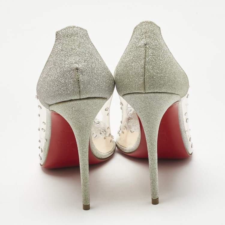 Pre Owned Christian Louboutin Silver PVC Degrastrass Pumps Size 38