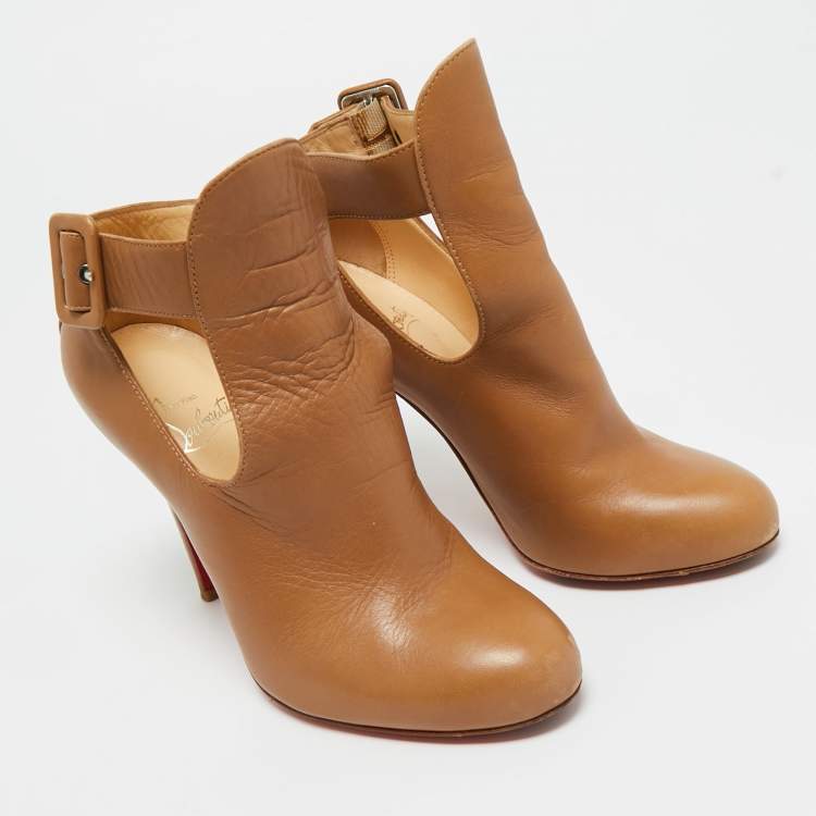 Pre Owned Christian Louboutin Brown Leather Cut Out Ankle Length Boots 