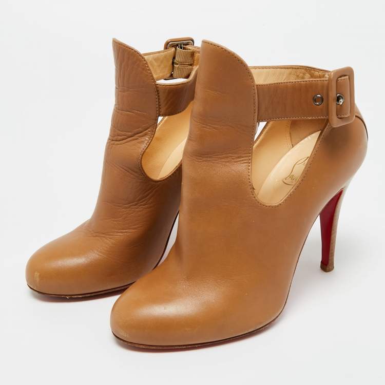 Pre Owned Christian Louboutin Brown Leather Cut Out Ankle Length Boots 