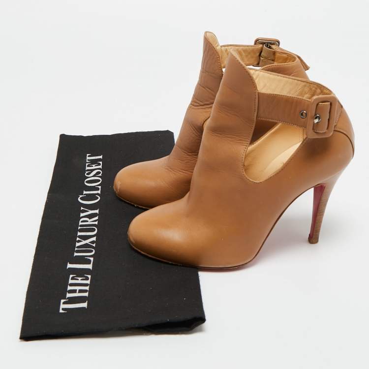 Pre Owned Christian Louboutin Brown Leather Cut Out Ankle Length Boots 