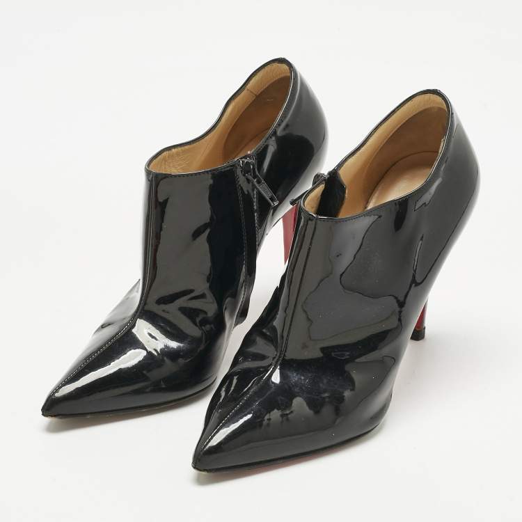 Pre Owned Christian Louboutin Black Patent Leather Ankle Length Boots Size 37