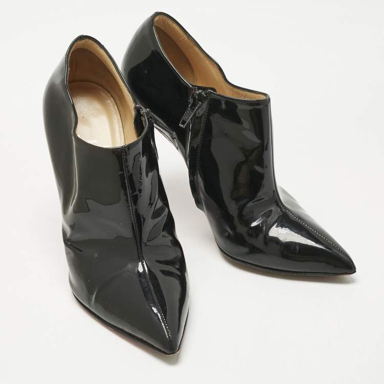 Pre Owned Christian Louboutin Black Patent Leather Ankle Length Boots Size 37