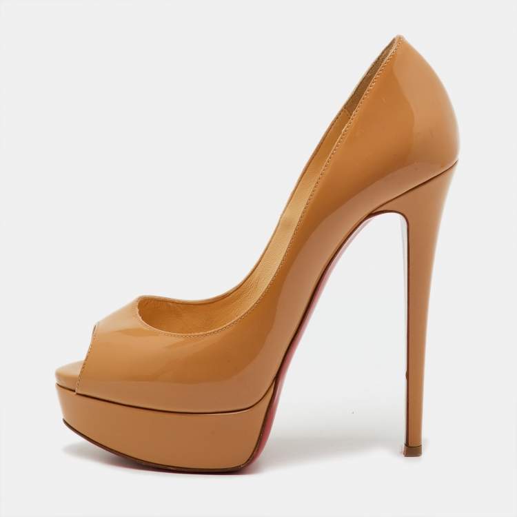 Pre Owned Christian Louboutin Beige Patent Leather Lady Peep Toe Platform Pumps Size 37.5