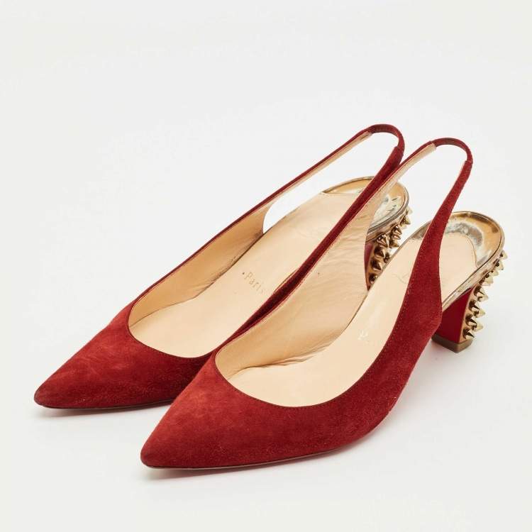 Pre Owned Christian Louboutin Red Suede Slingback Spike Block Pumps Size 36
