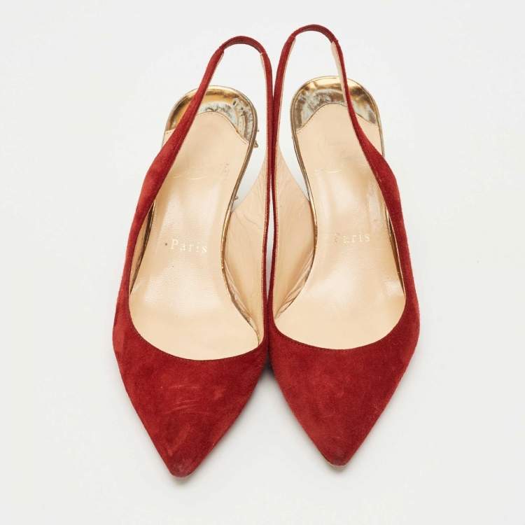 Pre Owned Christian Louboutin Red Suede Slingback Spike Block Pumps Size 36