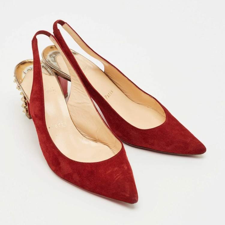 Pre Owned Christian Louboutin Red Suede Slingback Spike Block Pumps Size 36
