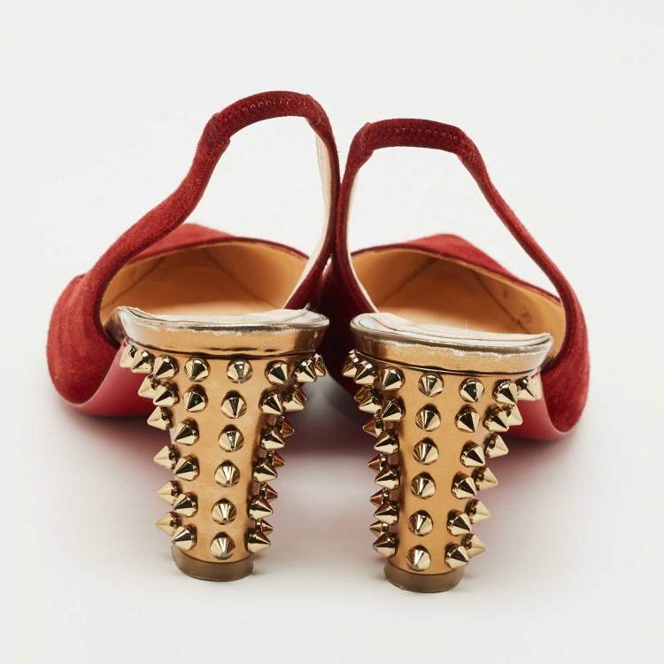 Pre Owned Christian Louboutin Red Suede Slingback Spike Block Pumps Size 36