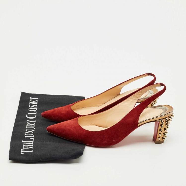 Pre Owned Christian Louboutin Red Suede Slingback Spike Block Pumps Size 36
