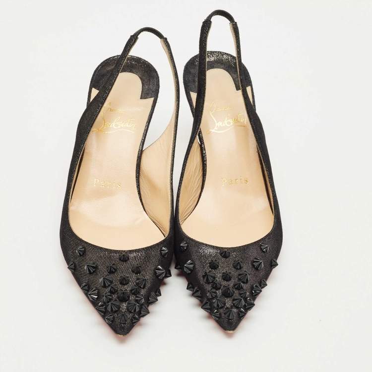 Pre Owned Christian Louboutin Black Suede Drama Spikes Slingback Pumps Size 36
